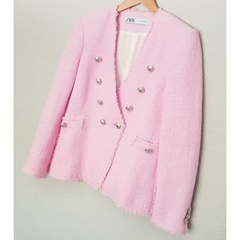 Zara Pink Tweed Blazer Jacket Metallic Buttons XS Blogger's Favorite Romantic - Picture 9 of 16